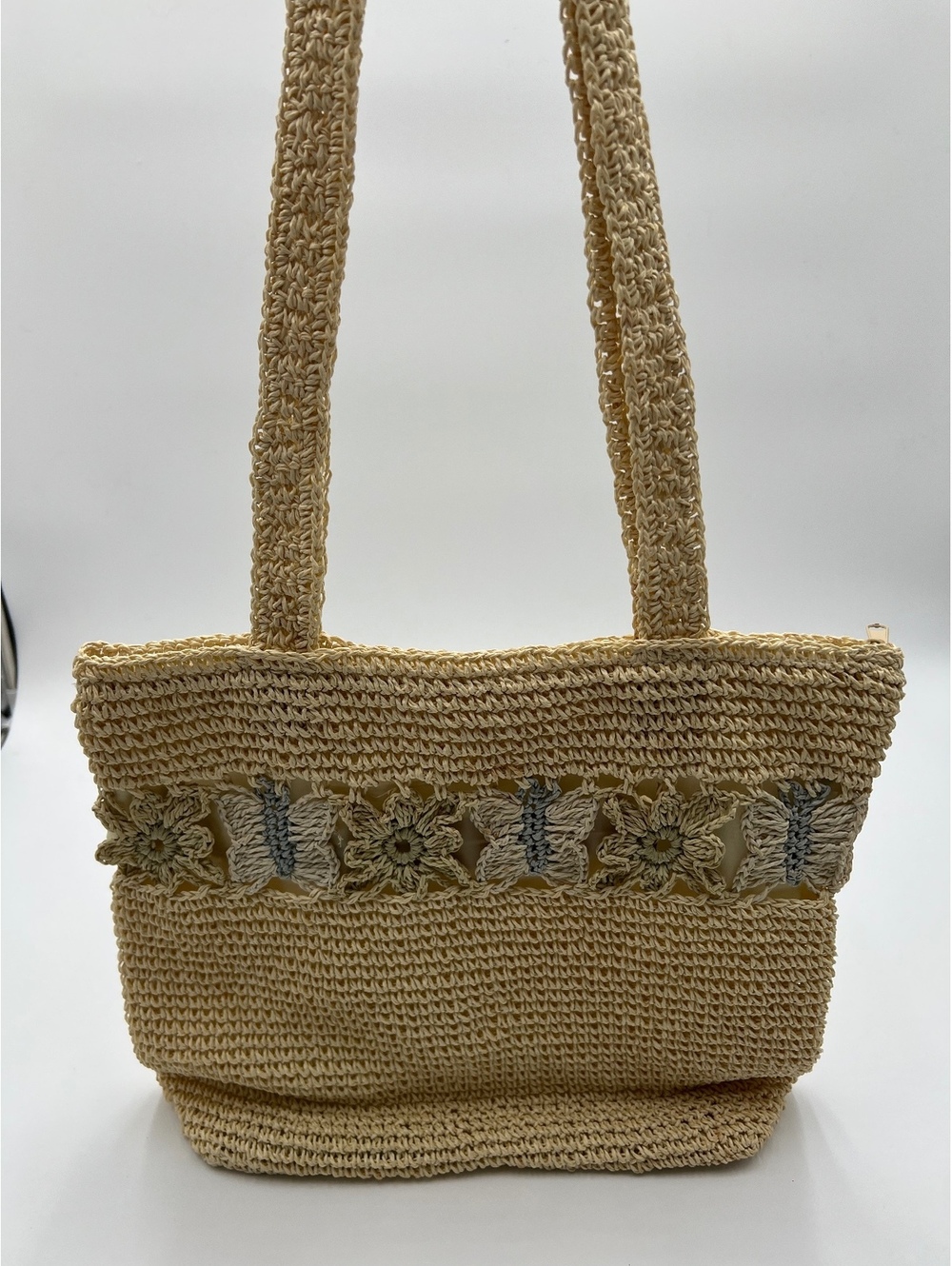 Cream Crochet Floral Straw Tote • Boutique Style (SKU 0387)